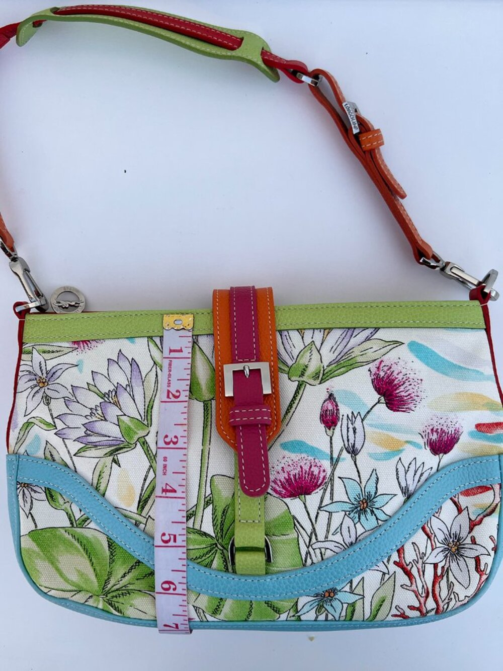 LONGCHAMP Y2K Floral Canvas Baguette Shoulder Bag Colorful Leather Trim - Picture 7 of 8
